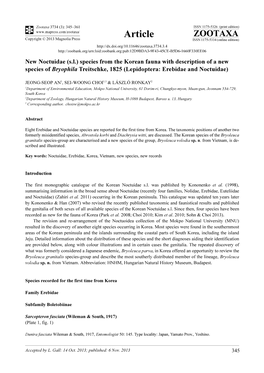 New Noctuidae (S.L.) Species from the Korean Fauna with Description of a New Species of Bryophila Treitschke, 1825 (Lepidoptera: Erebidae and Noctuidae)