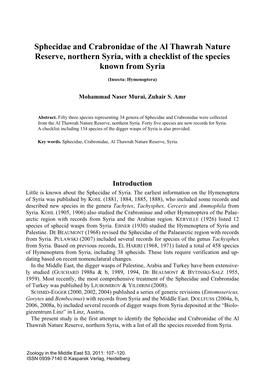 Sphecidae and Crabronidae of the Al Thawrah Nature Reserve, Northern Syria, with a Checklist of the Species Known from Syria