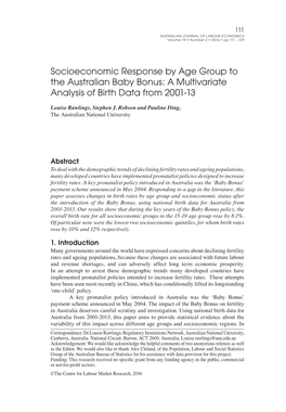 Socioeconomic Response by Age Group to the Australian Baby Bonus: a Multivariate Analysis of Birth Data from 2001-13