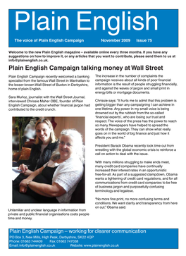 Plain English Campaign Talking Money at Wall Street