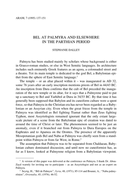 Bel at Palmyra and Elsewhere in the Parthian Period