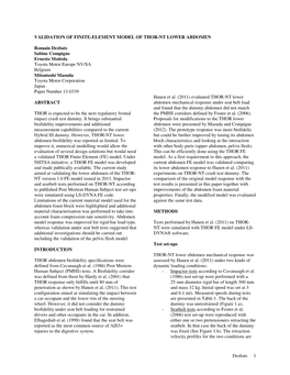 Desbats 1 VALIDATION of FINITE-ELEMENT MODEL of THOR-NT LOWER ABDOMEN Romain Desbats Sabine Compigne Ernesto Mottola Toyota Moto