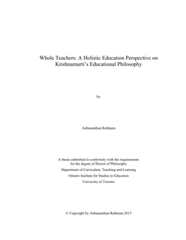 Whole Teachers: a Holistic Education Perspective on Krishnamurti's