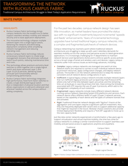 TRANSFORMING the NETWORK with RUCKUS CAMPUS FABRIC Traditional Campus Architectures Struggle to Meet Today’S Application Requirements