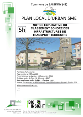 PLAN LOCAL D'urbanisme NOTICE EXPLICATIVE DU CLASSEMENT SONORE DES 5H INFRASTRUCTURES DE TRANSPORT TERRESTRE