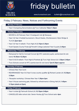 Friday 2 February: News, Notices and Forthcoming Events