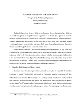 Reamker Performance in Khmer Society Sirang LENG, Art History Department, Faculty of Archeology, Silparkorn University