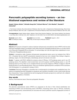 Pancreatic Polypeptide Secreting Tumors – an Ins- Titutional Experience and Review of the Literature