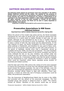 Prosecution Associations in NW Essex ©Michael Holland Reprinted From: Saffron Walden Historical Journal No 1 Spring 2001