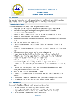 Information for Applicants for the Position of SUPERINTENDENT Shoreline Unified School District the POSITION the Board of Ed