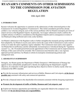 Ryanair's Comments on Other Submissions to the Commission for Aviation Regulation Ryanair's Comments on Other Submissions to the Commission for Aviation Regulation