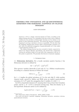 Arxiv:2009.14766V1 [Math.CV] 30 Sep 2020 Cwrindrvtv Sdﬁe by Deﬁned Is Derivative Schwarzian for 1.1