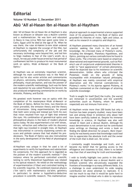 Editorial Volume 10 Number 2, December 2011 Abū ‘Alī Al-Hasan Ibn Al-Hasan Ibn Al-Haytham