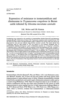 Trypanosoma Congolense in Boran Cattle Infected by Glossina Morsitans Centralis