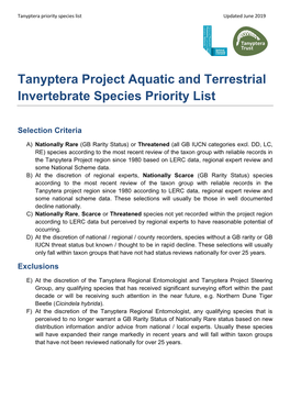 Tanyptera Project Aquatic and Terrestrial Invertebrate Species Priority List
