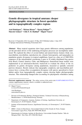 Genetic Divergence in Tropical Anurans: Deeper Phylogeographic Structure in Forest Specialists and in Topographically Complex Regions