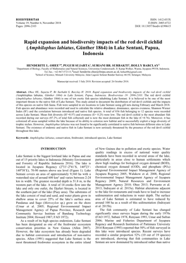 Rapid Expansion and Biodiversity Impacts of the Red Devil Cichlid (Amphilophus Labiatus, Günther 1864) in Lake Sentani, Papua, Indonesia