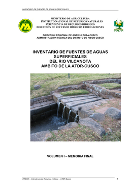 Inventario De Fuentes De Aguas Superficiales Del Rio Vilcanota Ambito De La Atdr-Cusco