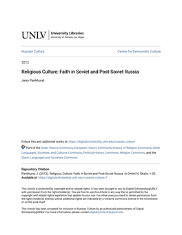 Religious Culture: Faith in Soviet and Post-Soviet Russia
