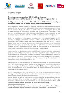 Première Expérimentation TER Hybride En France Des Mobilités Du Quotidien Durables, Au Bénéfice Des Voyageurs-Citoyens