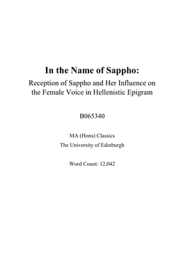 In the Name of Sappho: Reception of Sappho and Her Influence on the Female Voice in Hellenistic Epigram