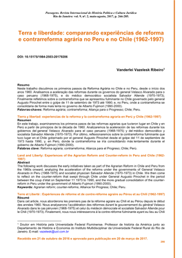 Terra E Liberdade: Comparando Experiências De Reforma E Contrarreforma Agrária No Peru E No Chile (1962-1997)