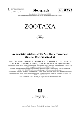 An Annotated Catalogue of the New World Therevidae (Insecta: Diptera: Asiloidea)