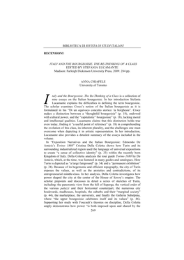 Biblioteca Di Rivista Di Studi Italiani 269 Recensioni Italy and the Bourgeoisie. the Re-Thinking of a Class Edited by Stefania