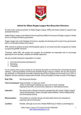 Advert for Wales Rugby League Non-Executive Directors