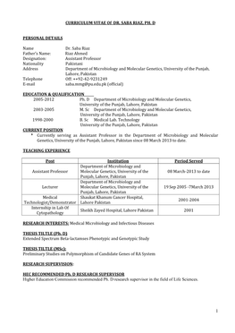 CURRICULUM VITAE of DR. SABA RIAZ, PH. D