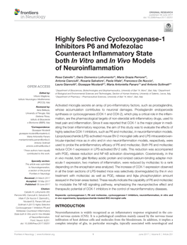 Highly Selective Cyclooxygenase-1 Inhibitors P6 and Mofezolac Counteract Inflammatory State Both in Vitro and in Vivo Models of Neuroinflammation