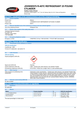 JOHNSEN's R-407C REFRIGERANT 25 POUND CYLINDER Safety Data Sheet According to Federal Register / Vol