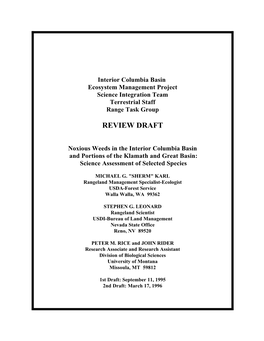 Noxious Weeds in the Interior Columbia Basin and Portions of the Klamath and Great Basin: Science Assessment of Selected Species