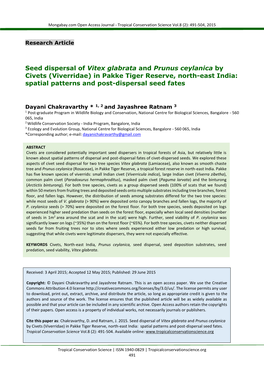 Seed Dispersal of Vitex Glabrata and Prunus Ceylanica by Civets (Viverridae) in Pakke Tiger Reserve, North-East India: Spatial Patterns and Post-Dispersal Seed Fates