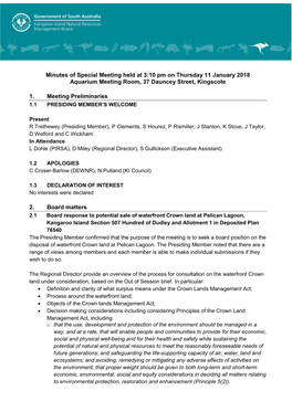 Minutes of Special Meeting Held at 3:10 Pm on Thursday 11 January 2018 Aquarium Meeting Room, 37 Dauncey Street, Kingscote