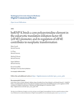 Hnrnp K Binds a Core Polypyrimidine Element in the Eukaryotic Translation Initiation Factor 4E (Eif4e) Promoter, and Its Regulat