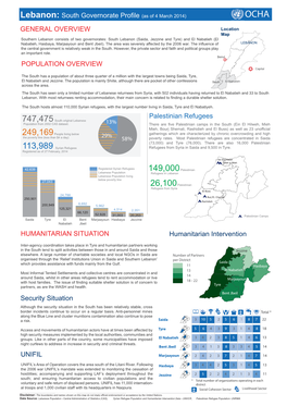 Lebanon: South Governorate Profile (As of 4 March 2014) OCHA