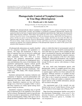 Photoperiodic Control of Nymphal Growth in True Bugs (Heteroptera) D
