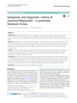 Symptoms and Diagnostic Criteria of Acquired Megacolon - a Systematic Literature Review Tahleesa Cuda1,2* , Ronny Gunnarsson1,3,4 and Alan De Costa1,2