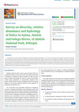 Survey on Diversity, Relative Abundance and Hydrology of Fishes in Ayima, Alatish and Gelegu Rivers, of Alatish National Park, Ethiopia