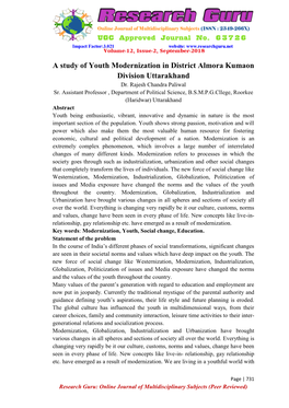 A Study of Youth Modernization in District Almora Kumaon Division Uttarakhand Dr
