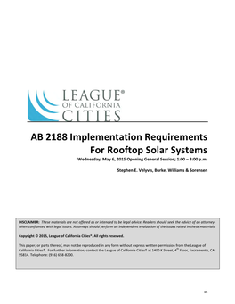 AB 2188 Implementation Requirements for Rooftop Solar Systems Wednesday, May 6, 2015 Opening General Session; 1:00 – 3:00 P.M