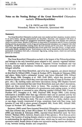 Notes on the Nesting Biology of the Great Bowerbird Chlamydera Nucha/Is (Ptilonorhynchidae)