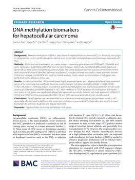 DNA Methylation Biomarkers for Hepatocellular Carcinoma Guorun Fan1†, Yaqin Tu1†, Cai Chen3, Haiying Sun1, Chidan Wan2* and Xiong Cai2*