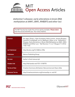 Alzheimer's Disease: Early Alterations in Brain DNA Methylation at ANK1, BIN1, RHBDF2 and Other Loci