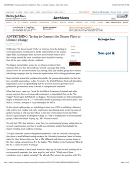 ADVERTISING; Trying to Connect the Dinner Plate to Climate Change - New York Times 09/10/2007 04:45 PM