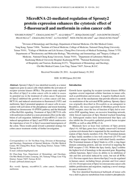 Microrna-21-Mediated Regulation of Sprouty2 Protein Expression Enhances the Cytotoxic Effect of 5-Fluorouracil and Metformin in Colon Cancer Cells