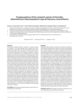 Foraging Patterns of Four Sympatric Species of Silversides (Atheriniformes: Atherinopsidae) in Lago De Pátzcuaro, Central Mexico