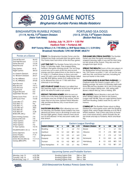 2019 GAME NOTES Binghamton Rumble Ponies Media Relations