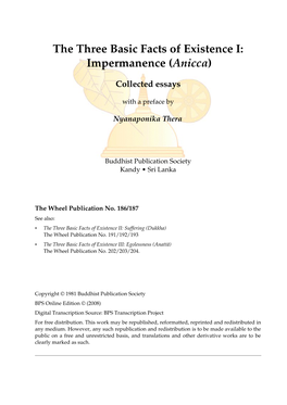 The Three Basic Facts of Existence I: Impermanence (Anicca)